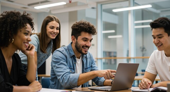 Group of young adults collaborating on laptop in modern office   - Powered by Adobe