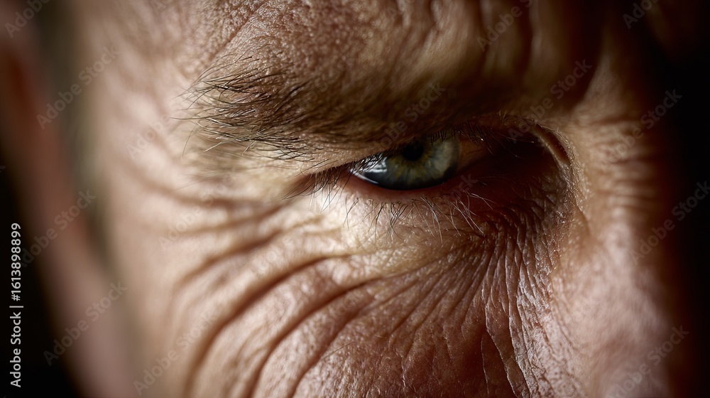 Poster close-up portrait of an older man with deep wrinkles and intense gaze, showcasing the texture of ski