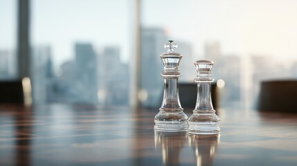 Two translucent chess pieces, the King and Pawn, stand poised on a polished table, embodying strategy and ambition in a business context.