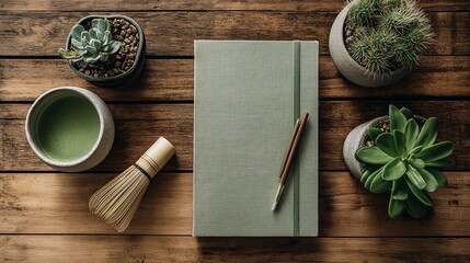 A tranquil moment captured with a cup of matcha, a journal, plants, and a whisk arranged artfully on a textured wooden table. Reflecting simplicity, creativity, and mindful living.