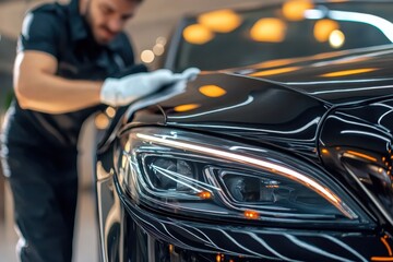 professional car detailer cleaning the exterior of an elegant black luxury vehicle with a soft cloth