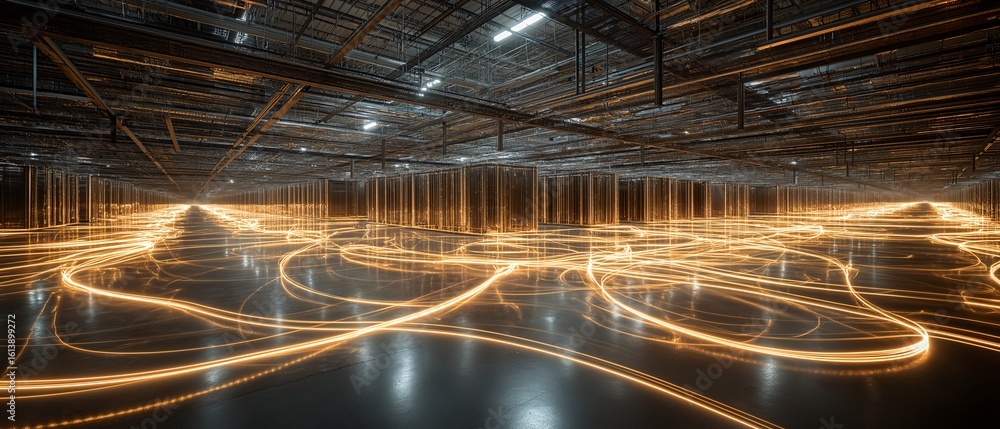 Poster a cutting-edge data center's sleek interior, illuminated by an intricate network of glowing data pat