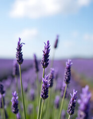 Naklejka premium Close-up of lavender flowers in a sunlit field, capturing the beauty of nature.