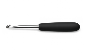 Metal crochet hook with black ergonomic handle isolated on transparent background, perfect for hobby and craft projects