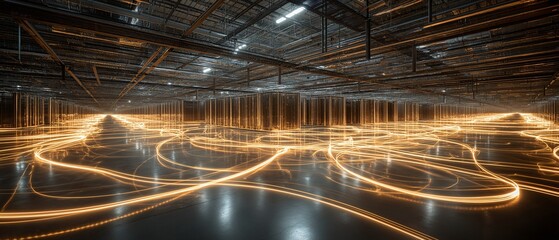 A cutting-edge data center's sleek interior, illuminated by an intricate network of glowing data pathways, embodying innovation and technological advancement.