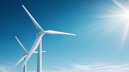 Innovative wind turbines harnessing solar power, symbolizing the dawn of a sustainable, green future against the backdrop of a brilliant blue sky.