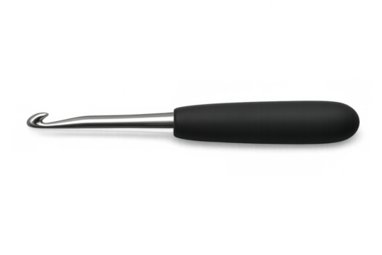 Metal crochet hook with black ergonomic handle isolated on transparent background, perfect for hobby and craft projects