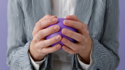 Close-up of female hands holding purple stress ball in striped suit