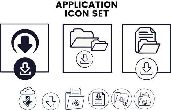 Minimalist flat design application icon set featuring download, upload, folder, and file icons, clean outline style, consistent stroke weight, vector style, high contrast, simple shapes