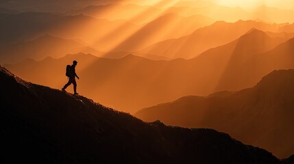 Silhouette hiker ascends mountain ridge at golden sunrise