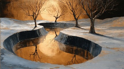   Winter scene painted on reflection of trees in pool of water against backdrop of full moon