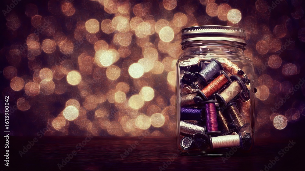 Poster glass jar filled with colorful sewing threads sits on a wooden surface, illuminated by soft bokeh li