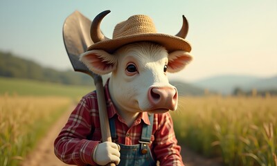 Anthropomorphic Cow Whimsical Holding Shovel In Golden Grass Field