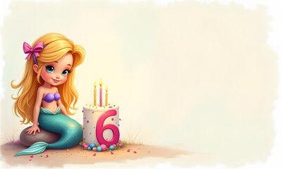 Cute Mermaid Girl Joyful Celebratory With Birthday Cake On Beach with Pastel Sky