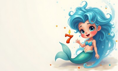 Cute Mermaid Girl Cheerful Celebratory Holding Birthday Candle On Sandy Beach with Stars