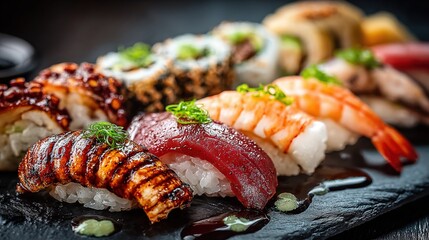  A plate with shrimp and sushi on a black background, featuring sauce and decorative elements