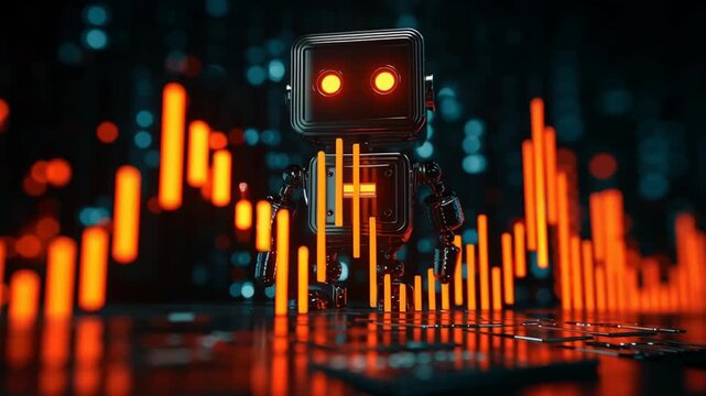 Futuristic Robot Amidst Glowing Orange Data Visualizations and Sound Waves, Showcasing Technology and Innovation in Digital Landscape