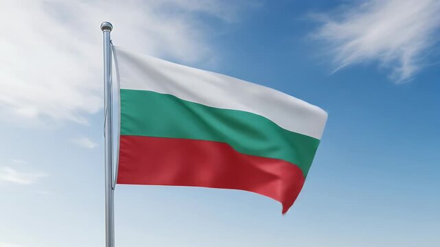 The Bulgarian flag billows proudly against a vibrant blue sky, punctuated by fluffy white clouds. - Powered by Adobe