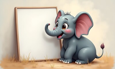 Cute Baby Elephant Sitting Whiteboard Tan Background With Copy Space