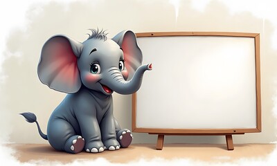 Playful Cartoon Baby Elephant Whiteboard Wood Frame With Copy Space
