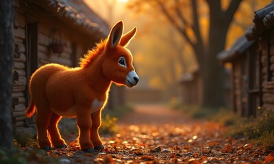Peaceful Orange Donkey Foal Standing Idyllically on Autumnal Path with Rustic Buildings