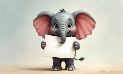 Cheerful Innocent Baby Elephant Holding Blank Parchment Paper on Sandy Surface