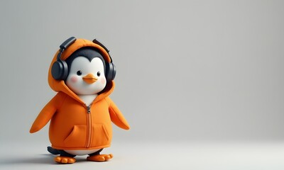 Cute Cartoon Penguin Standing Minimalist Wearing Hoodie Headphones on Light Grey Background with Copy Space