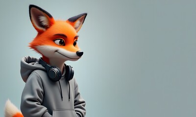 Friendly Anthropomorphic Fox Stylized Wearing Gray Hoodie Headphones on Muted Light Teal Background