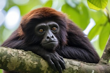Close up of a mantled howler monkey resting peacefully on a tree branch, surrounded by vibrant green foliage