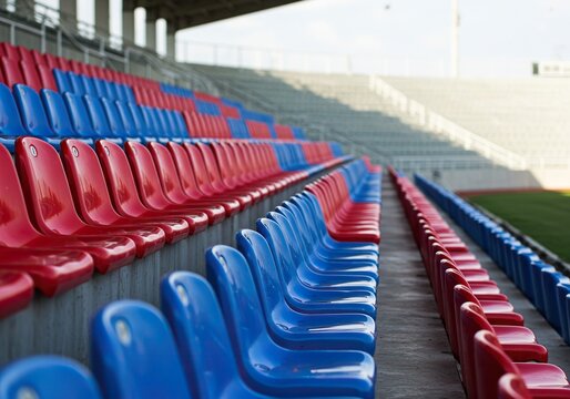 Rows of empty red and blue stadium seats await spectators for a sporting event