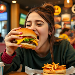 Girl bites cheeseburger with pleasure. Woman eating hambuger, order burger for takeaway food delivery at fastfood restaurant