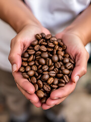 A person's hands hold freshly roasted coffee beans.
