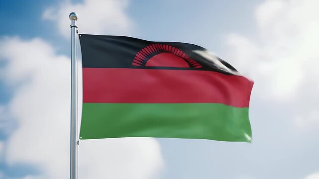 Malawi's national flag billows proudly against a bright, partly cloudy sky. - Powered by Adobe