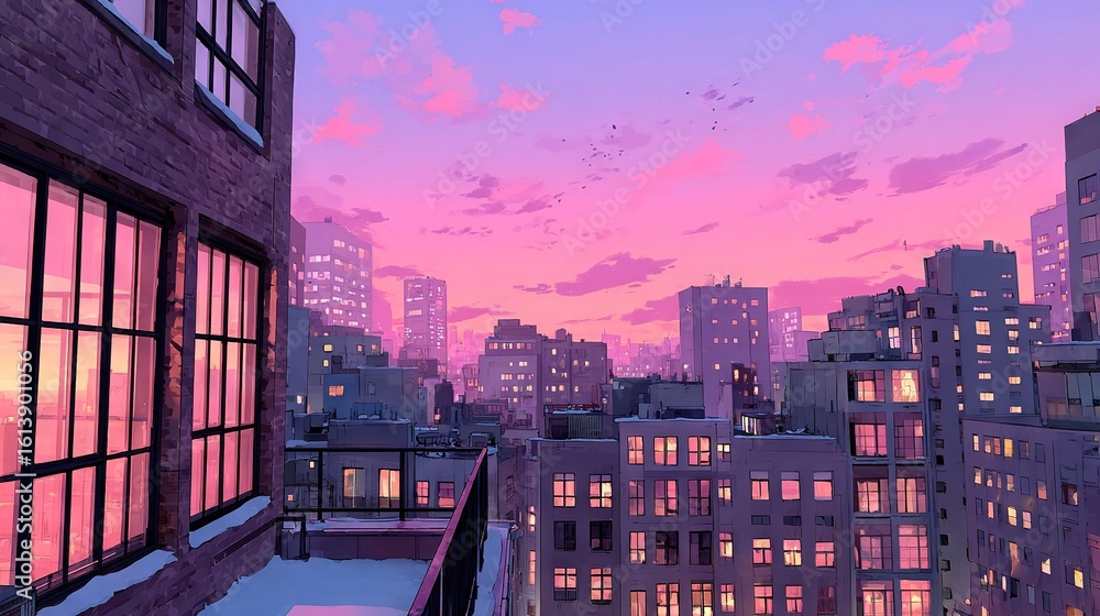 Poster a rooftop view of the city during twilight, featuring a multitude of windows and a vibrant sky of pi