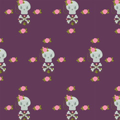 Skull and roses pattern on purple – swatch available in swatches panel – seamless Halloween floral design with bones