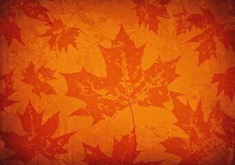 Autumn maple leaves create a textured, grungestyle background in warm orange and red hues
