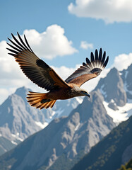 Fototapeta premium Magnificent red kite in flight over stunning mountain scenery with clouds