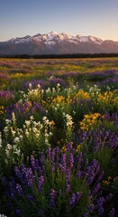 Obraz premium Wildflower field in full bloom with snow-capped mountains in background 