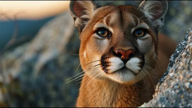 Mountain Lion at Sunset &ndash; Majestic Close-Up on Rocky Cliff
