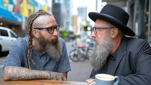 Casual connection between a tattooed Maori man and Hasidic Jewish man