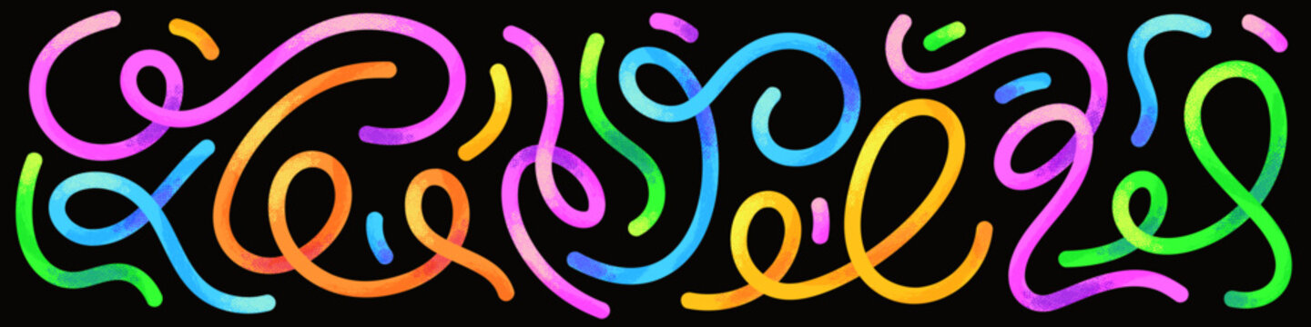 Colorful squiggles with hand drawn grunge texture, abstract bold wavy lines and swirls. Fun childish line wave and spiral doodles, curvy stripes, simple playful linear scribbles vector set