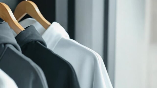 A row of black and white hoodies hang on a rack, ready to be worn or displayed