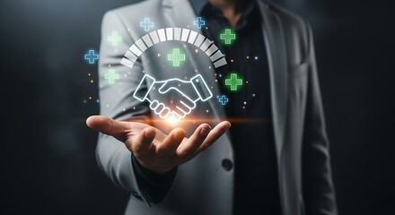 Ai generated image of a businessman presents a digital handshake symbol representing a successful business agreement