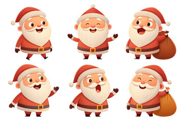 Six cartoon Santa Clauses in various poses isolated on a transparent background