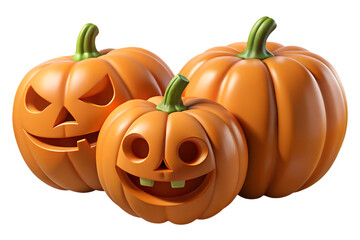 Three carved orange pumpkins with green stems isolated on a transparent background