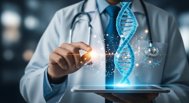 Ai generated image of a doctor holds a tablet displaying a dna molecule, representing advancements in genetic research and medicine