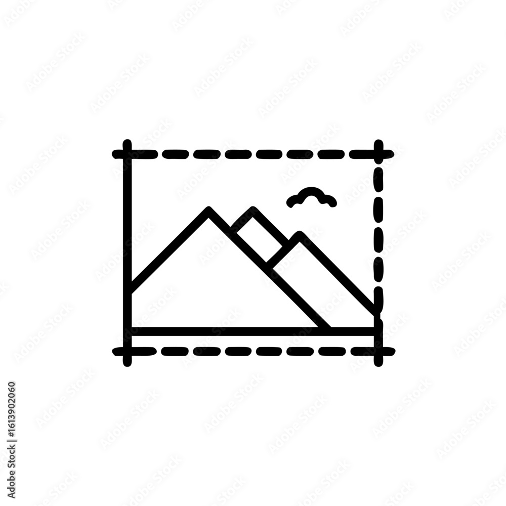 Poster outline mountain peak in frame with dashed border cloud vector