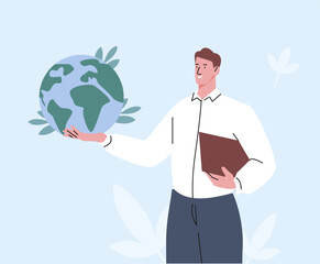 Man holding earth in hand. Geography teacher or scientist character. Save the planet concept, support environment and ecology, flat vector scene