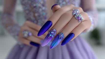 Fototapeta premium Woman is holding her hands up with purple nails and a ring