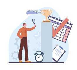 Man looking in magnifying glass on hard working perspectives. Office manager, teamleader, boss or employee. Young male character, career vector concept